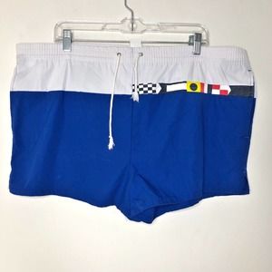 Vintage 80's Men's Nautical Color Block Short Drawstring Swim Trunks size Large